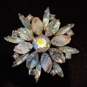 Lovely Vintage Light Blue Rhinestone Floral Brooch